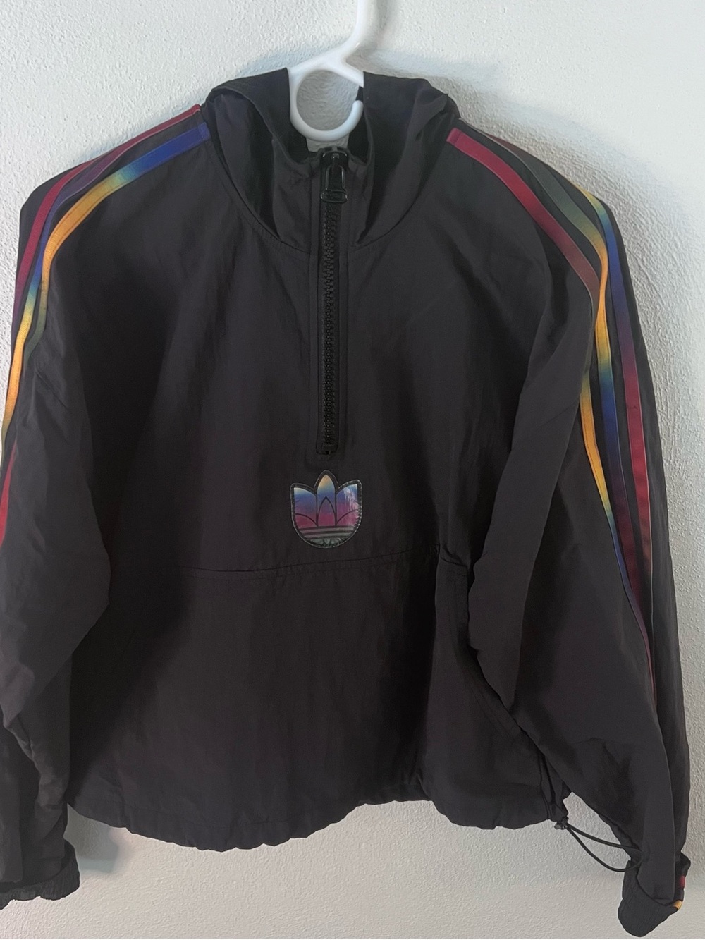 adidas Black Anorak Windbreaker Jacket with Multicolor Stripe Details